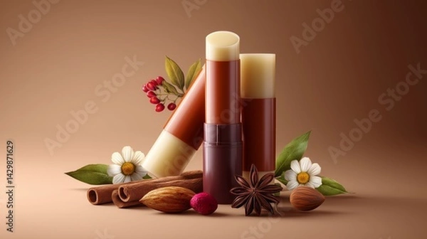 Fototapeta Natural organic lip balms with essential oils, spices, and floral elements set against a warm, earthy backdrop