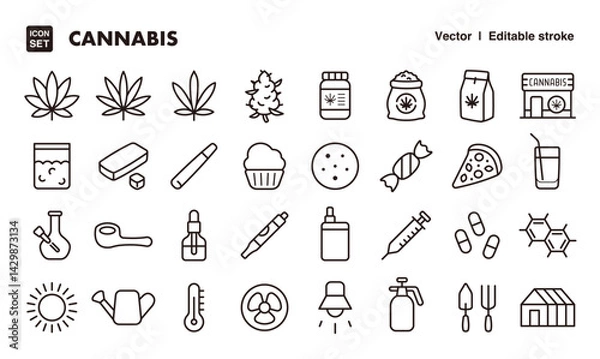 Fototapeta Cannabis product line icon set. Vector editable stroke icon.