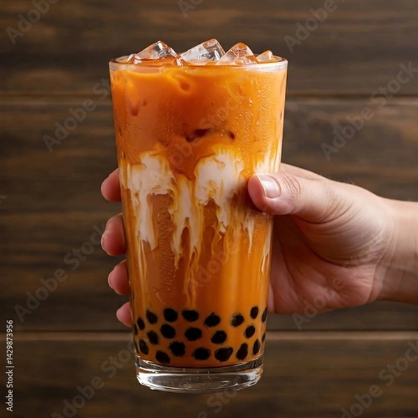 Fototapeta a hand holing a Thai red milk tea in a tall glass, featuring a distinct layer of evaporated milk swirled with the deep amber tea, a generous amount of chewy boba  