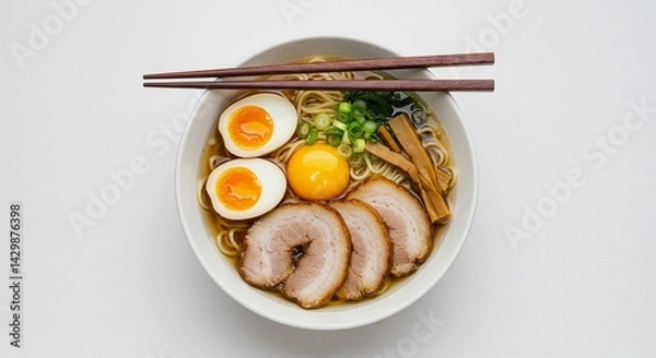 Fototapeta A bowl of ramen with sliced pork, eggs, bamboo shoots, and green onions on a white background
