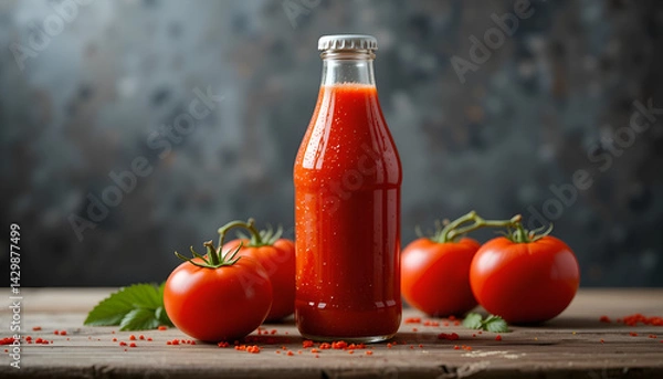 Fototapeta A bottle of tomato juice and ripe tomatoes on the table