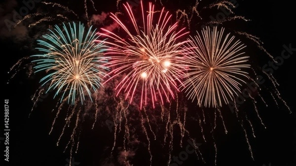 Fototapeta Colorful fireworks exploding at night