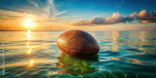 Fototapeta Golden hour sunset over calm ocean water with a leather-bound ball floating gently