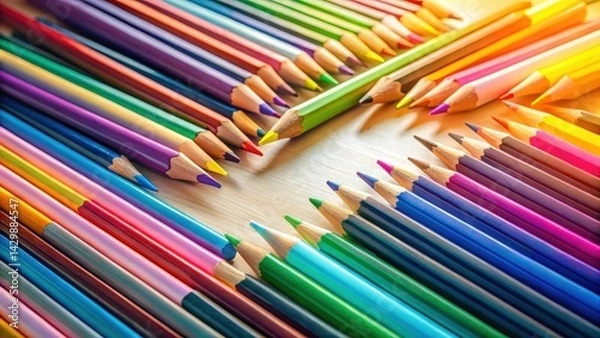 Obraz A vibrant collection of colorful pencils arranged in a captivating pattern, showcasing a spectrum of hues and textures, perfect for creative projects and artistic endeavors.