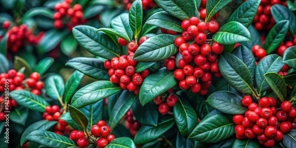 Fototapeta Lush greenery with vibrant clusters of red berries adorning the branches, a captivating display of nature's artistry.