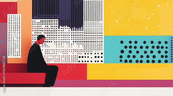 Fototapeta Abstract modern cityscape scene with a solitary person sitting on a bench surrounded by vibrant colorful geometric buildings and patterns in a contemporary art style