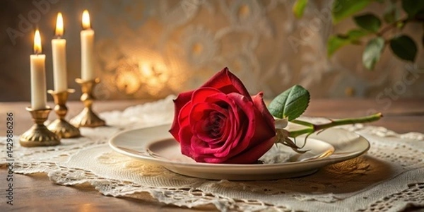 Fototapeta Romantic dinner setting with a single red rose on a plate, illuminated by candlelight