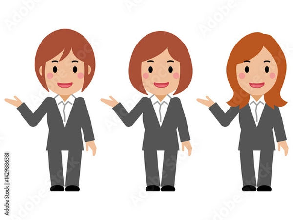 Fototapeta こちら、と笑顔のグレースーツの若い女性