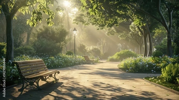 Fototapeta Park pathway sunlight lush trees