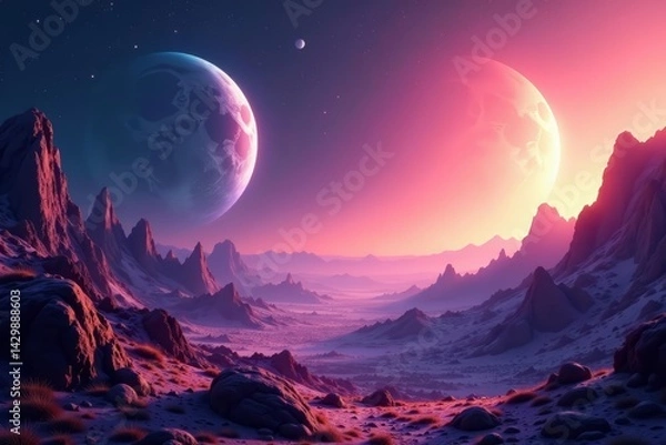 Fototapeta Surreal space landscape with floating planets, space, abstract, cosmos