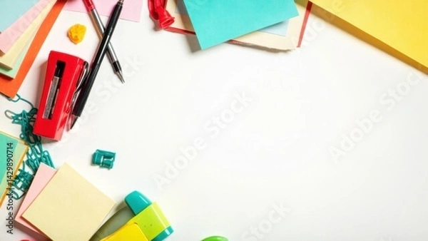 Fototapeta Highlighters and pens in circle layout on desk