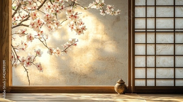Obraz Serene Interior View Featuring Cherry Blossom Branch and Shoji Screen