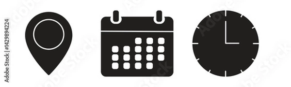 Obraz Time, calendar, location icon set. Clock, pin, date signs.