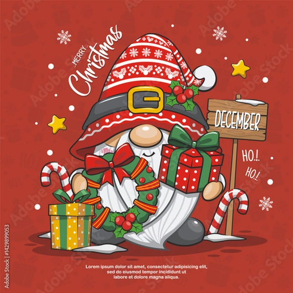 Obraz Cute Gnome Santa Claus With Gift Box On Red Background. Cartoon Illustration