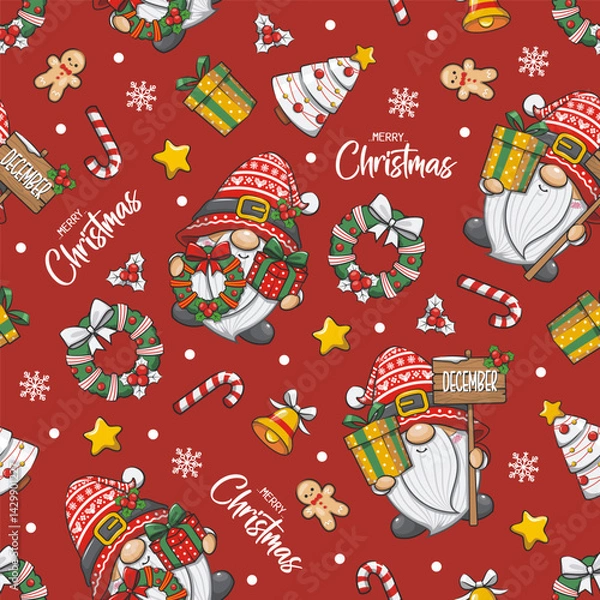 Obraz Seamless Pattern Christmas Gnome Santa Claus On Red Background, Cute Cartoon Illustration