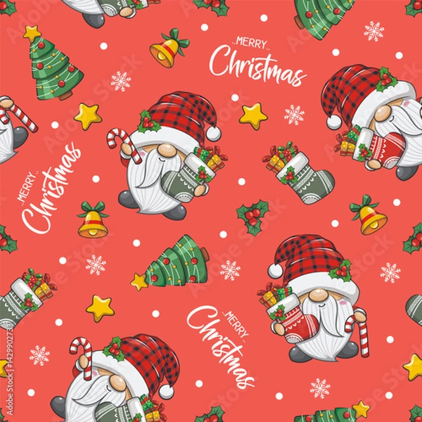 Obraz Seamless Pattern Cute Gnome Santa Claus With Christmas Sock On Red Background. Cartoon Illustration