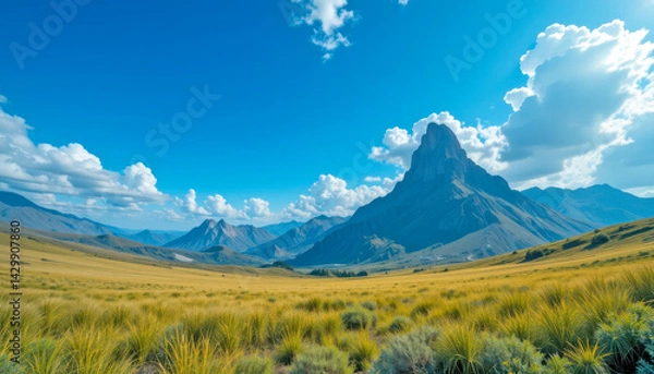 Obraz A breathtaking landscape unfolds: a towering mountain dominates the scene, its imposing form rising above expansive golden grasslands under a vibrant blue sky dotted with fluffy white clouds. 