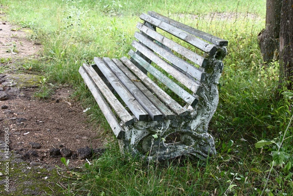 Obraz Old bench in the old park. Paint cracked and showered. Around high grass.