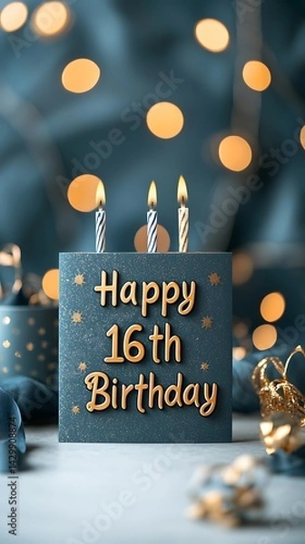 Obraz Sweet 16 celebration! Cake with lit candles, bokeh background. Decorative ribbon and gold accents