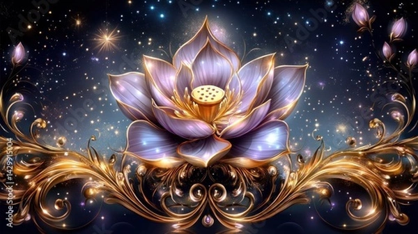 Fototapeta A luminous lotus flower framed by ornate gold embellishments.
