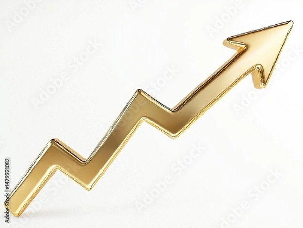 Fototapeta Golden arrow pointing upward representing stock market growth, isolated on white background  