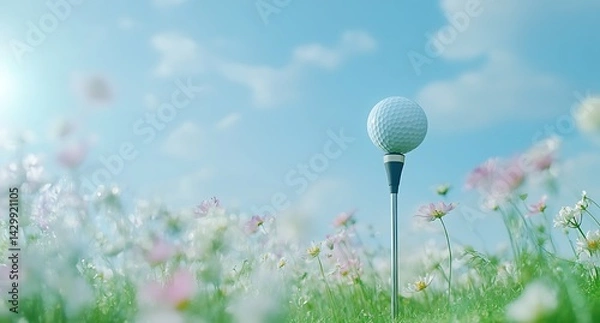 Fototapeta Golf ball and driver on the tee, golf course in the background, blue sky, sunny day