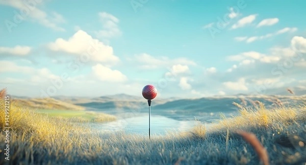 Fototapeta Golf ball and driver on the tee, golf course in the background, blue sky, sunny day