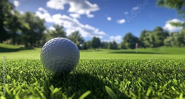 Fototapeta Golf ball and driver on the tee, golf course in the background, blue sky, sunny day