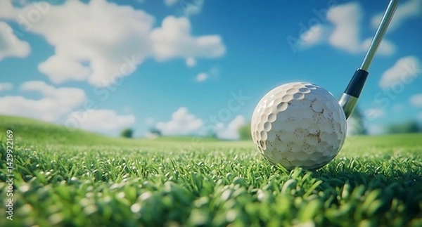 Fototapeta Golf ball and driver on the tee, golf course in the background, blue sky, sunny day