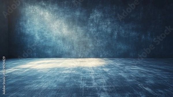 Fototapeta empty blue room with textured wall and wooden floor in moody lighting