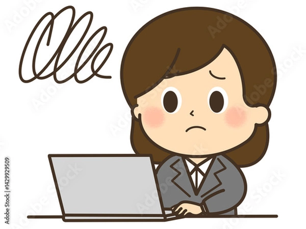 Obraz もやもや悩んでいるパソコンを使っているスーツを着た女性のイラスト
