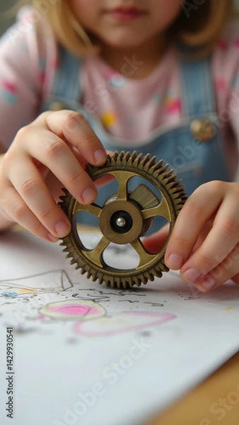 Fototapeta Macro view of a pattern wheel’s gears and spring. A child’s thumb and paper fibers add tactile realism to this creative tool.