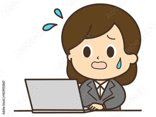 Obraz 冷や汗をかいて困っているパソコンを使っているスーツを着た女性のイラスト