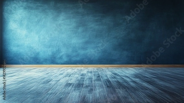 Fototapeta minimalist blue interior with wooden floor and bold wall art design