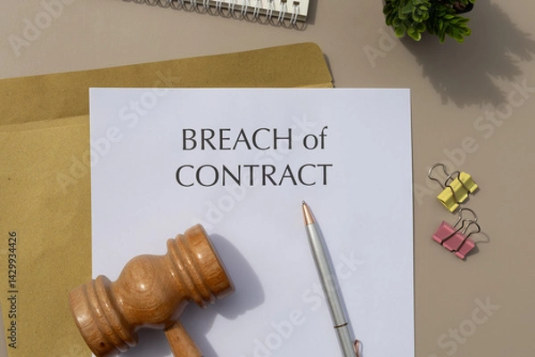 Fototapeta Legal Dispute Setup: Breach of Contract Document with Gavel and Pen