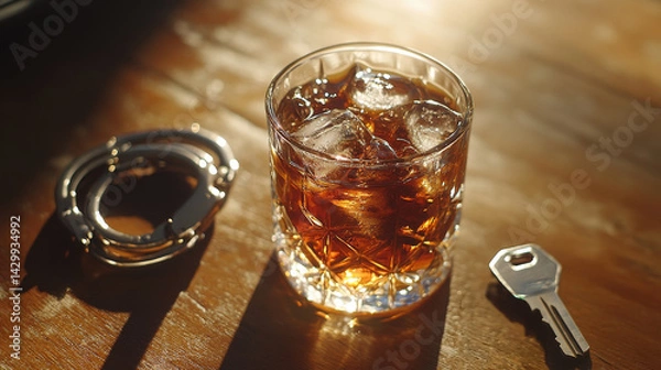 Obraz Glass of whiskey with ice placed beside handcuffs and a car key on a wooden table, symbolizing the consequences of drunk driving.

