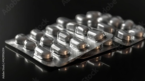Obraz Close-up of metallic pill packs displaying various capsules and tablets.