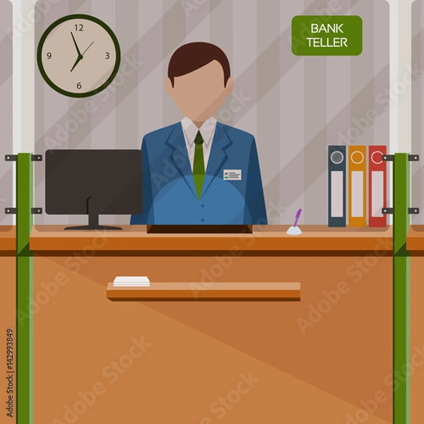 Obraz Bank teller behind window. Depositing money in bank account. People service and payment. Vector illustration in flat style