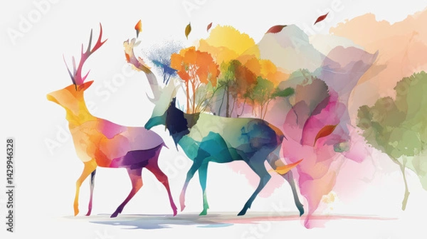 Fototapeta Colorful forest scene featuring two graceful watercolor deers amidst lush foliage and vibrant nature