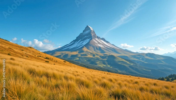 Obraz A snow-capped mountain peak dominates the landscape, its imposing form contrasting beautifully with the golden hues of the foreground grasslands under a clear blue sky. 