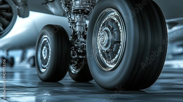 Fototapeta A close-up of a cargo jet reinforced landing gear built for heavy loads.