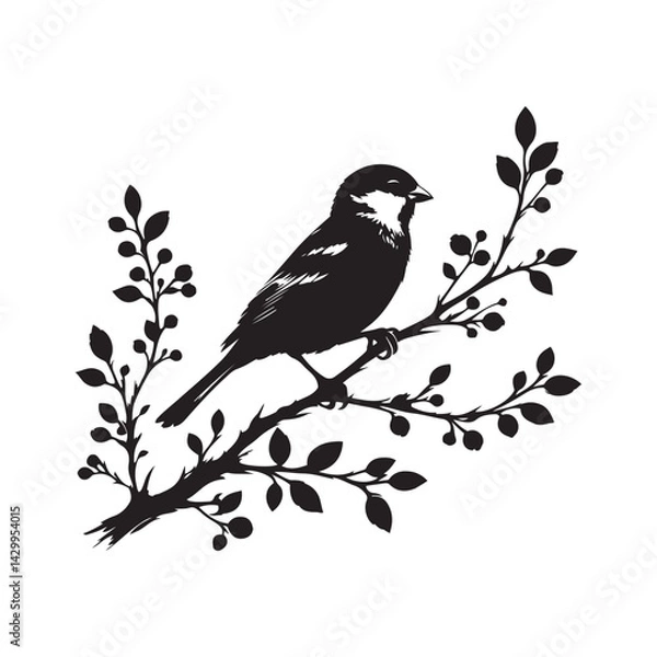 Fototapeta An elegant black and white sparrow bird silhouette perched on a branch. A stylized, black and white vector graphic of a sparrow perched on a branch.