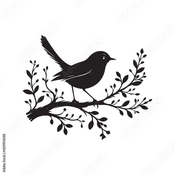 Obraz An elegant black and white sparrow bird silhouette perched on a branch. A stylized, black and white vector graphic of a sparrow perched on a branch.