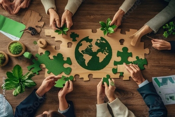Obraz Collaborative environmental effort. Team members actively assemble a puzzle depicting the Earth, surrounded by greenery and office supplies.  Focus on sustainability and collective action