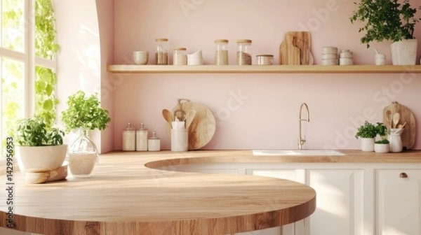 Fototapeta A fresh and airy kitchen showcasing a circular wood counter with natural grain, surrounded by soft pastel decor