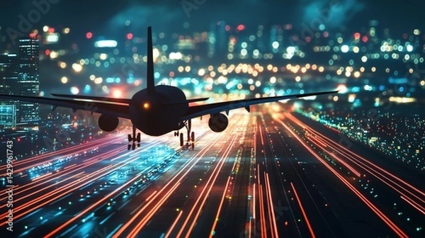 Fototapeta An airport cargo terminal operating at full speed under city lights.