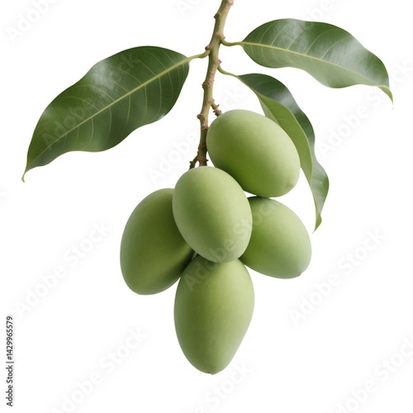 Obraz Green mangoes cluster of unripe fruit isolated on transparent background