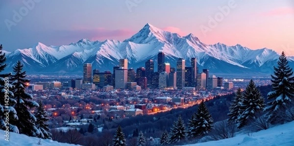 Obraz Stunning Denver skyline framed by snow-capped peaks , landscape, background, photo