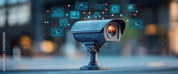 Fototapeta Surveillance camera with digital interface overlay showing connected features