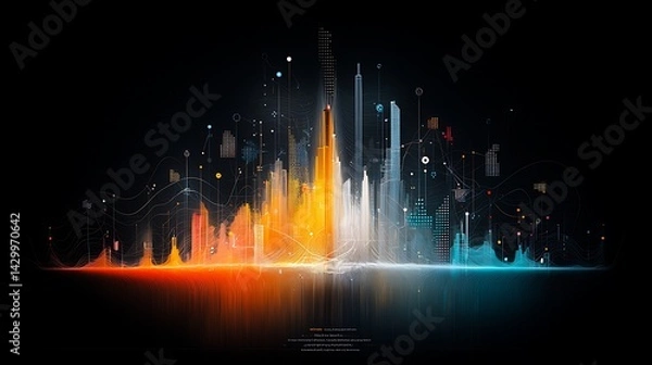 Fototapeta Digital cityscape with data streams and vibrant colors on black background